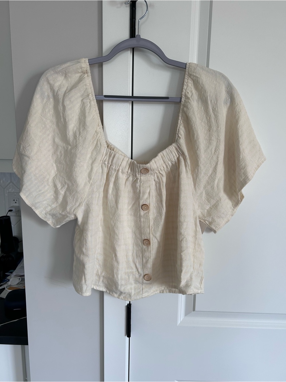 Rylee + Cru Cream Button-Front Puff Sleeve Linen Blend Blouse Top Cottagecore